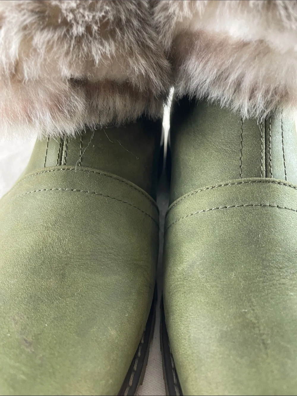 CAT Faux Fur Cuff Ankle Boots - Olive Green Size 11